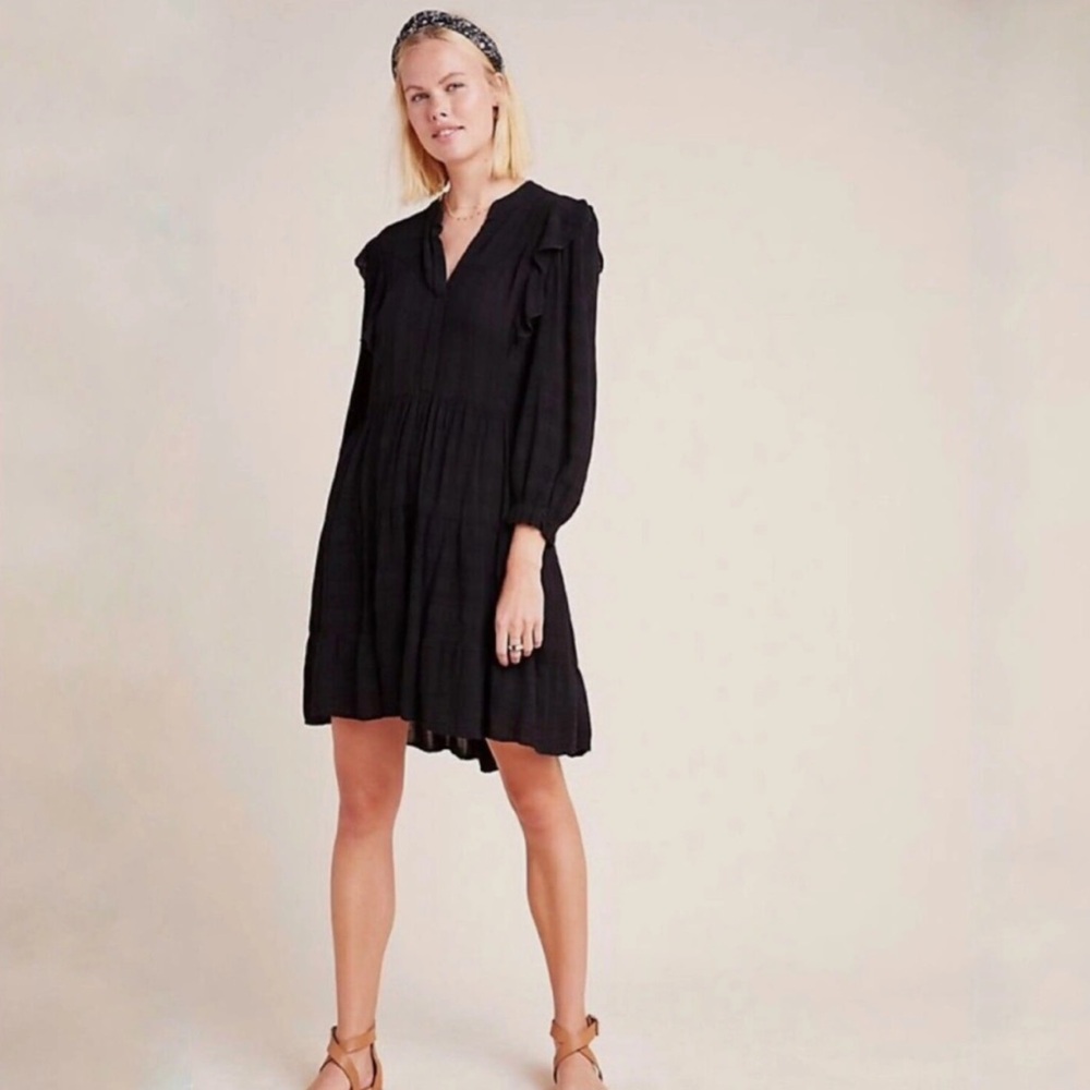 ANTHROPOLOGIE AMADI Long Sleeve Ruffle Tiered Mini Dress XS Black